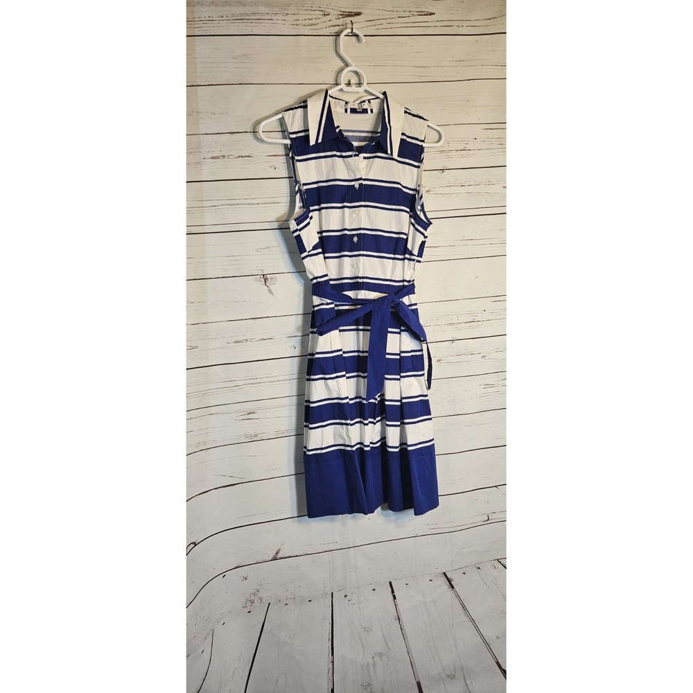 Milly Design Nation Blue White Striped Sleeveless Fit & Flare Dress 10 pockets